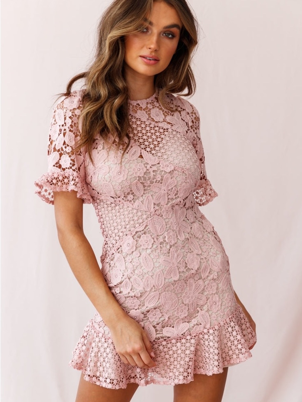 Pink Lace Ruffle-Hem Mini Dress - Picture 7 of 10